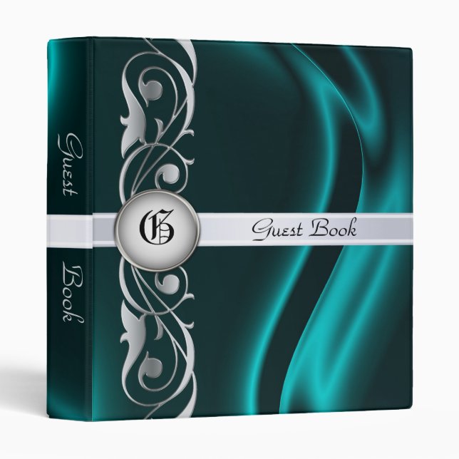 Marquis Teal Silk Silver Scroll Guest Book Binder (Front/Spine)