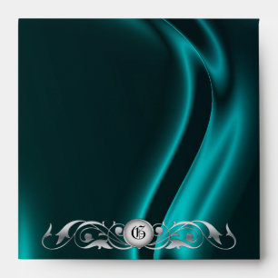 Marquis Teal Silk Silver Scroll Monogram Envelope