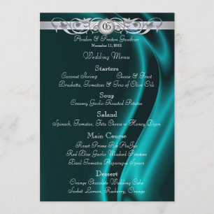Marquis Teal Silk Silver Scroll Wedding Menu