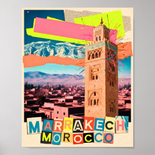 Marrakech Morocco Travel Koutoubia Vintage Skyline Poster