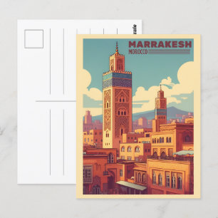 Marrakesh old city building with mosque  postcard