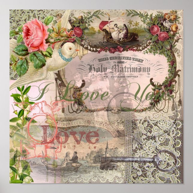 Marriage Collage Vintage Wedding Floral Poster (Front)