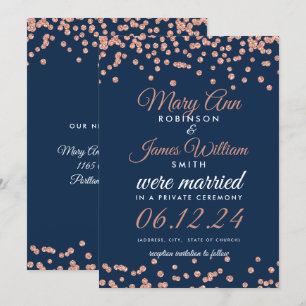 Marriage Elopement Rose Gold Glitter Confetti Navy Invitation