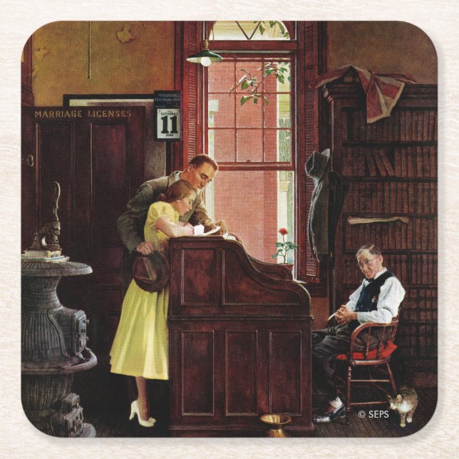 Marriage License by Norman Rockwell Square Paper Coaster (Front)