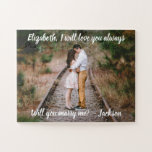 Marriage Proposal Marry Me Photo White Script Easy Jigsaw Puzzle<br><div class="desc">Make your marriage proposal romantic and memorable with a unique "Will You Marry Me" custom photo jigsaw puzzle. Picture and all wording are simple to personalize. (IMAGE PLACEMENT TIP: An easy way to centre a photo exactly how you want is to crop it before uploading to the Zazzle website.) Design...</div>