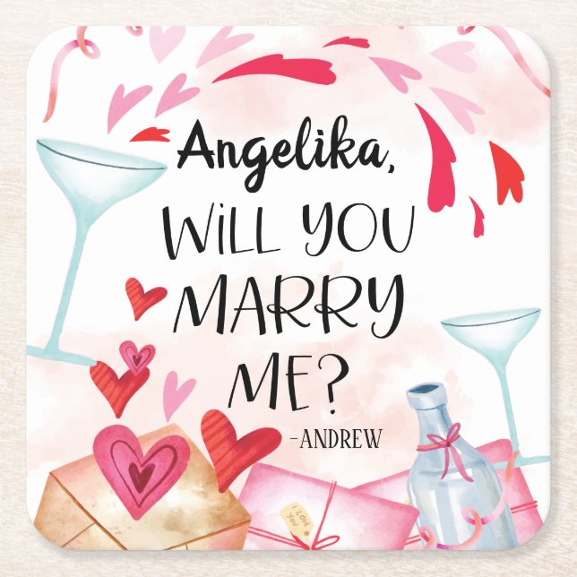 Marriage Proposal | Will You Marry Me? Custom Name Square Paper Coaster (Front)