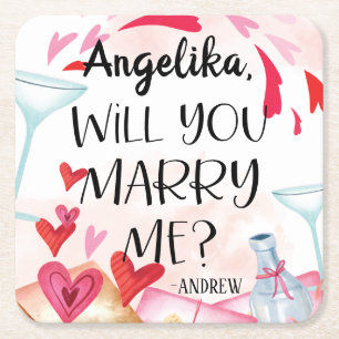 Marriage Proposal   Will You Marry Me? Custom Name Square Paper Coaster