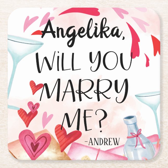 Marriage Proposal | Will You Marry Me? Custom Name Square Paper Coaster (Front)