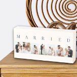 MARRIED 7 Picture Photo Collage Off White and Blue Wooden Box Sign<br><div class="desc">Modern wooden box sign, personalized with your wedding photos. A stylish design in neutral colour palette in off white and dark blue - perfect for newlyweds and anniversary gifts. The photo template is set up for you to add 7 of your favourite pictures which are displayed in portrait format in...</div>