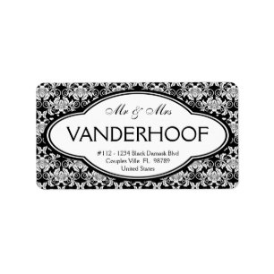Married Address  Bold Black  White Elegant Damask Label