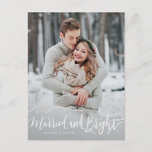 Married and Bright 2 Photo Typography Wedding Holiday Postcard (Front)
