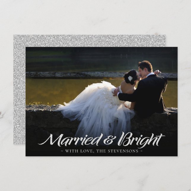 Married and Bright Christmas | Modern Silver Photo Holiday Card (Front/Back)