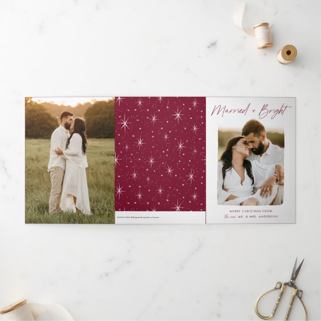 Married and Bright Cranberry Script 4 Photo Tri-Fold Holiday Card (Outside)