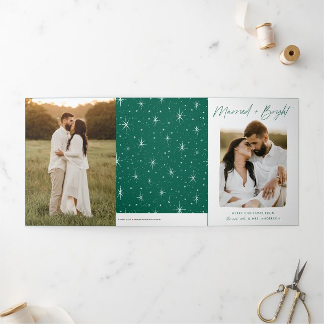 Married and Bright Green Script 4 Photo Tri-Fold Holiday Card (Outside)