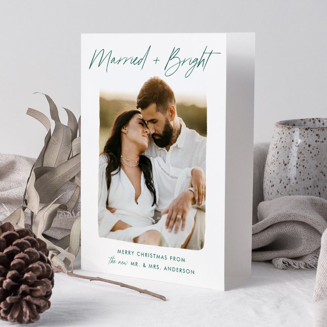 Married and Bright Green Script Photo Holiday Card (Creator Uploaded)