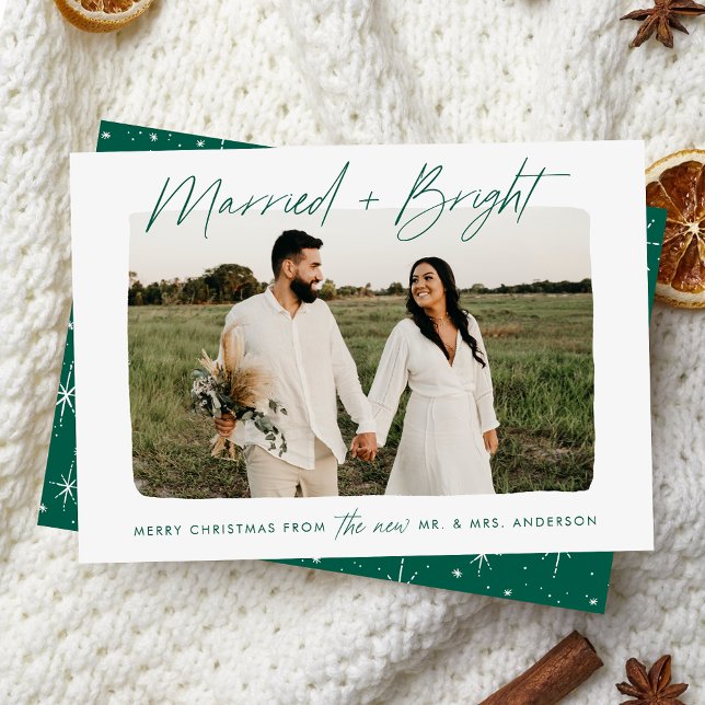 Married and Bright Green Script Photo Holiday Card (Creator Uploaded)