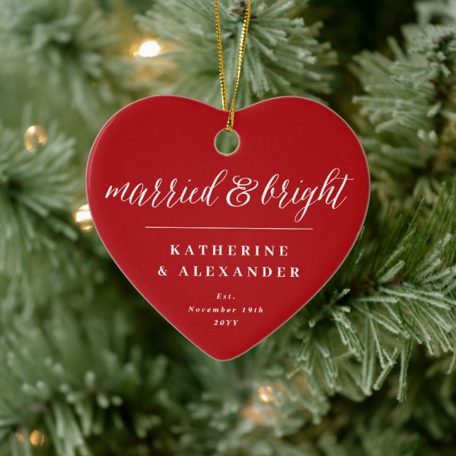 Married And Bright Holiday Wedding Photo Christmas Ceramic Ornament (Tree)