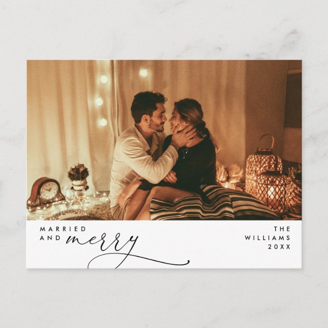Married and Bright Modern Script Photo Holiday  Postcard (Front)