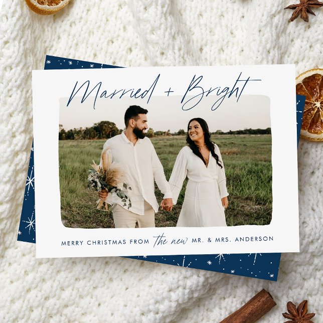 Married and Bright Navy Script Photo Holiday Card (Creator Uploaded)