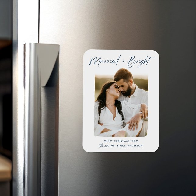 Married and Bright Navy Script Photo Magnet (Creator Uploaded)