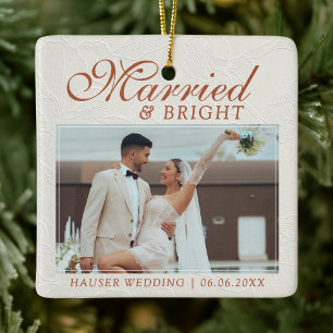Married and Bright Photo Keepsake Wedding Ceramic Ornament