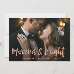 Married and Bright   Rose Gold Script Two Photo Holiday Card