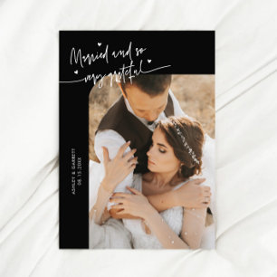 Married and Grateful Wedding Photo Black Thank You Card