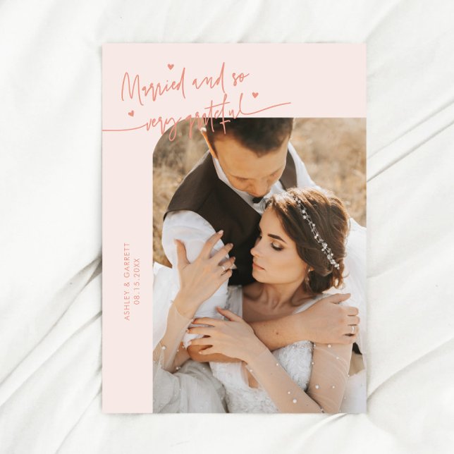 Married and Grateful Wedding Photo Peach Thank You Card (Creator Uploaded)