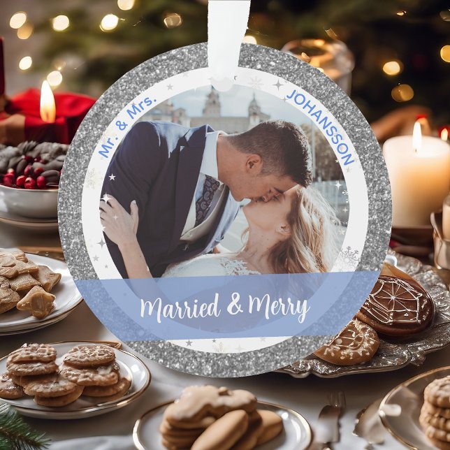 Married and Merry 1st Xmas as Mr and Mrs 2 Photos Ornament (Our First Christmas Together Married & Merry Elegant Silver Glitter Christmas Ornament 2 Photos Snow)