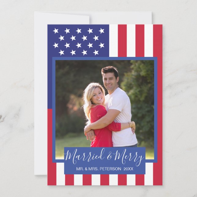 Married and Merry American Flag Patriotic Photo Holiday Card (Front)