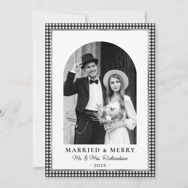 Married and Merry Arch Photo Black White Plaid Holiday Card (Front)