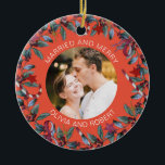 Married and Merry Blush Christmas Wreath Newlyweds Ceramic Ornament<br><div class="desc">Romantic ornament for married couple features beautiful Christmas wreath and a bright blush background. Personalize the template with your names or custom text. You can change the background colour if you like,  just click on "Edit using design tool".</div>