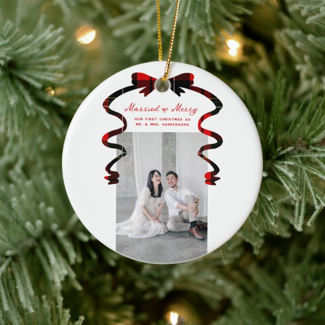 Married and Merry Bow Photo Christmas Newlyweds Ceramic Ornament (Tree)