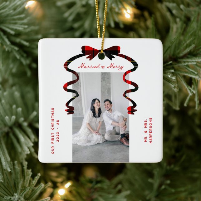 Married and Merry Bow Photo Christmas Newlyweds Ceramic Ornament (Tree)