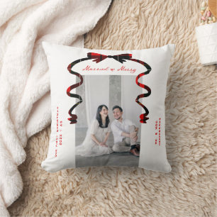 Married and Merry Bow Photo Christmas Newlyweds Throw Pillow