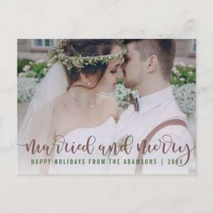 Married and Merry Calligraphy   Newlywed Photo Holiday Postcard