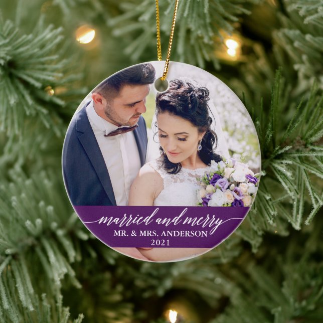 Married and Merry Calligraphy Wedding Purple Ceramic Ornament (Tree)