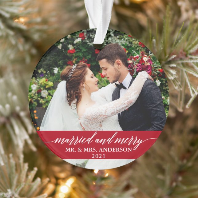 Married and Merry Calligraphy Wedding Red Ornament (Tree)