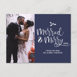 Married and Merry, Christmas, Navy Blue, Script Holiday Postcard