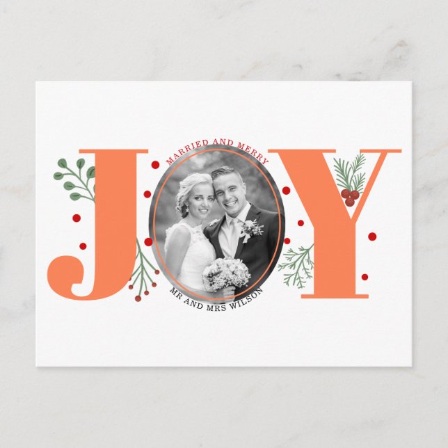 Married and Merry coral JOY Christmas photo Postcard (Front)