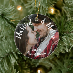 Married and Merry Custom Couple name year 2 Photo  Ceramic Ornament