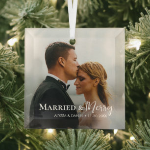 Married and Merry Custom Photo Newlywed Christmas Glass Ornament