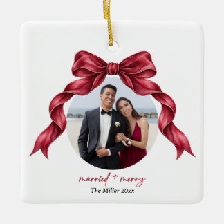 Married and Merry Elegant Burgundy Bow Ceramic Ornament