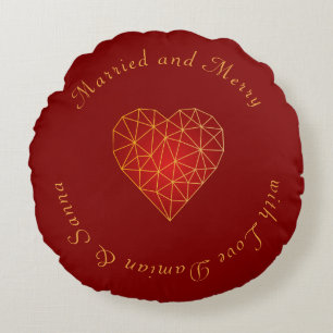 Married and merry geometric gold red heart love round pillow