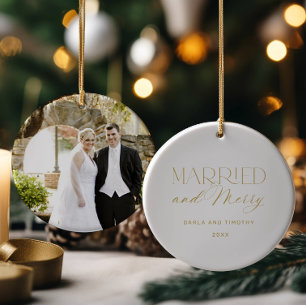 Married and Merry Gold Christmas  Ceramic Ornament