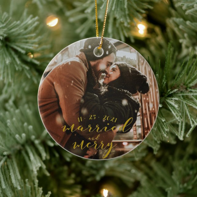Married and Merry Gold Holiday Ornament (Tree)