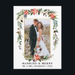 Married and Merry Gold Watercolor Winter Floral Postcard<br><div class="desc">Elegant Watercolor Winter Floral Newlywed Photo Married & Merry Christmas Postcard includes beautiful watercolor red poinsettias,  botanical greenery,  winter foliage,  holly berries,  white roses,  cotton,  pine cones and blue berries.  Gold Frame.</div>