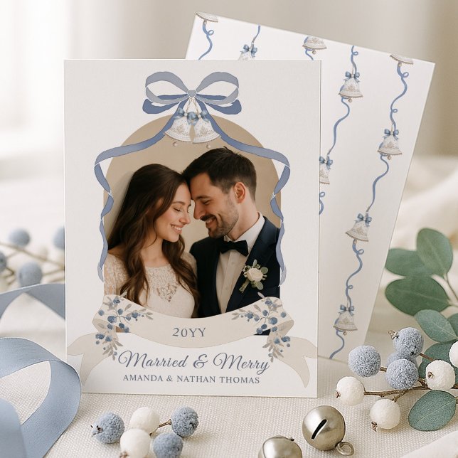 Married and Merry  Grandmillennial Blue Christmas Holiday Card (Creator Uploaded)