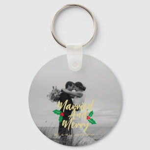 Married and Merry Handlettered Christmas Photo Keychain