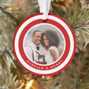 Married and Merry Holiday Photo Ornament / Red
